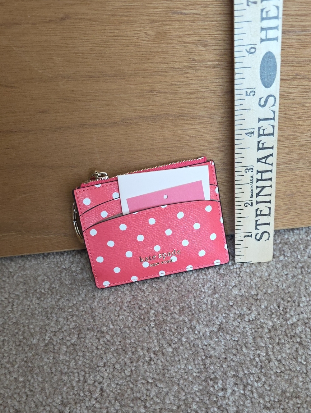 kate spade Coral Pink Polka Dot Card Case with Gold Logo